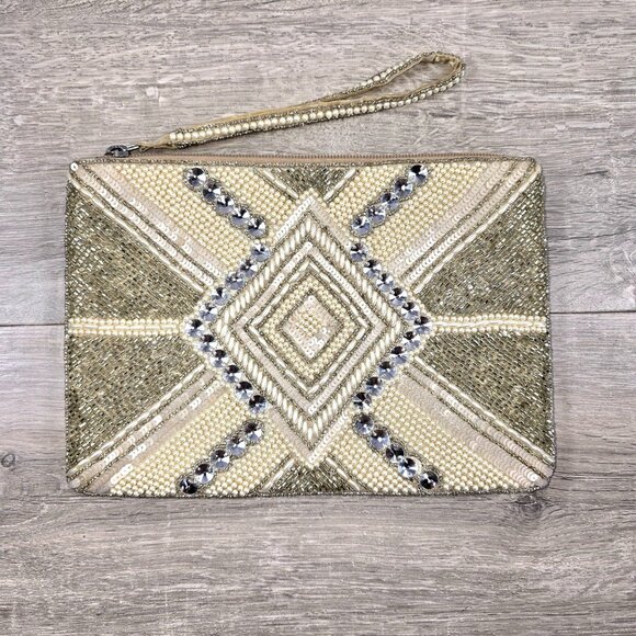 Beaded Clutch Evening Bag Formal Cocktail Purse Wristlet Satin Pearls Art Deco - Picture 1 of 7